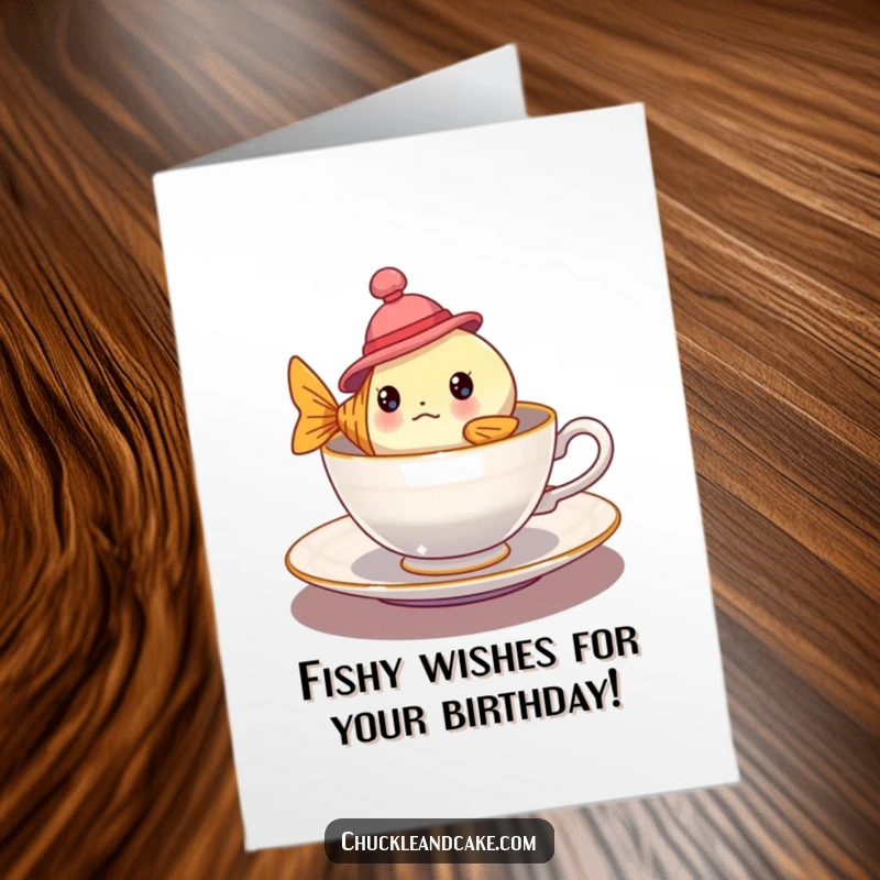 Funny Free Printable Birthday Card features a bewildered fish wearing a tiny hat, awkwardly floating in a delicate teacup.