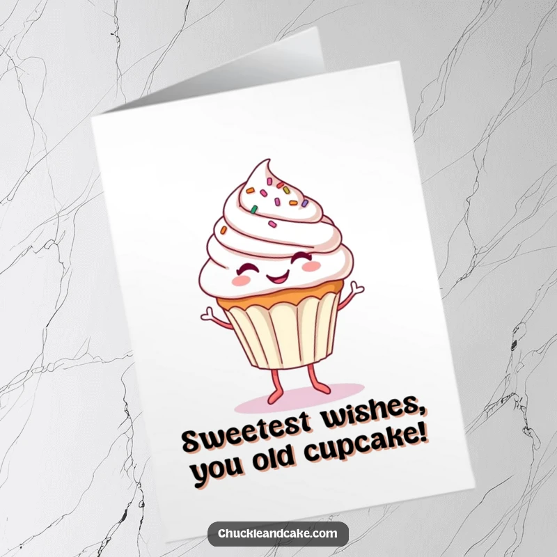 Funny Free Printable Birthday Card: A smiling cupcake with sprinkles and legs dancing joyfully, ready to party. Download now!