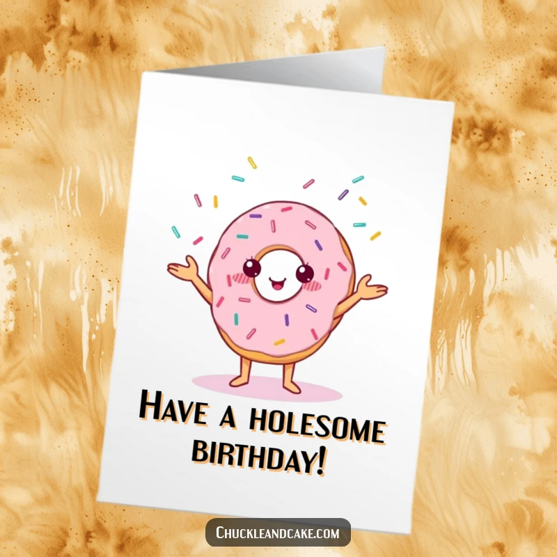 Funny Free Printable Birthday Card: Cheerful Anthropomorphic Donut with Small Eyes Juggling Colorful Sprinkles, Birthday Fun