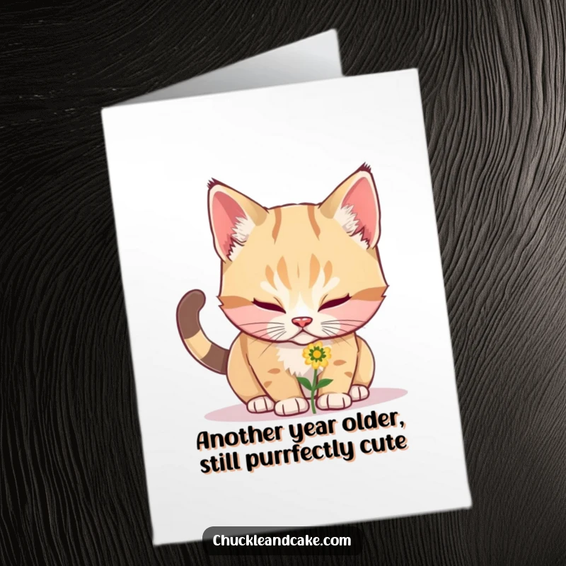 Funny Free Printable Birthday Card: A cute bobtail cat sniffing a tiny flower with a look of pure curiosity and joy.