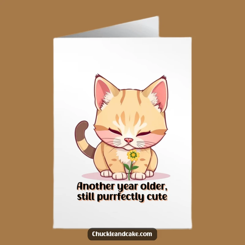 Free Printable Birthday Card: Funny Bobtail Cat Sniffing Flower, Cute Downloadable Gift
