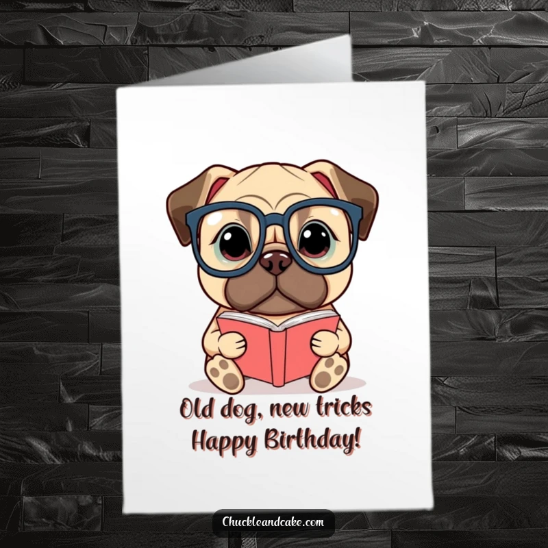 Funny Free Printable Birthday Card featuring a Bullmastiff in glasses engrossed in a tiny book, an intellectual canine ready for festivities.
