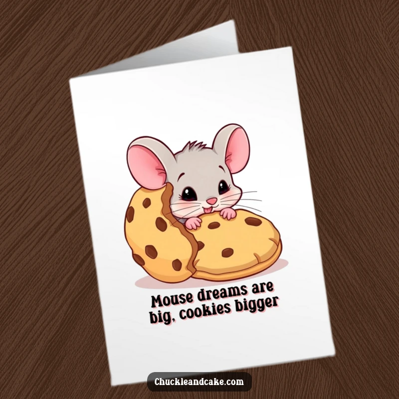 Funny free printable birthday card: A determined mouse tiptoeing with eyes wide towards a colossal cookie, a playful and sneaky birthday wish.
