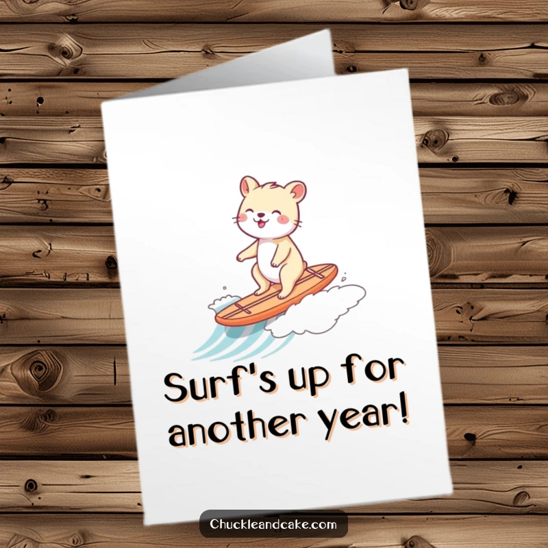 Funny Free Printable Birthday Card: Animal gleefully riding a tiny surfboard down a gentle ocean wave, looking ecstatic and cool.