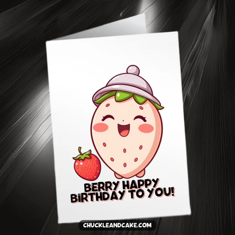 Funny free printable birthday card: A jubilant, giggling strawberry wearing a comically small hat, radiating pure birthday joy.