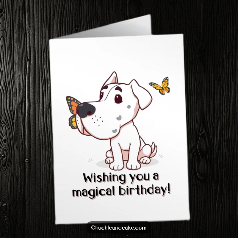 Funny Free Printable Birthday Card: Grand Dane intently watching a butterfly flutter by, full of curiosity and gentle amusement.