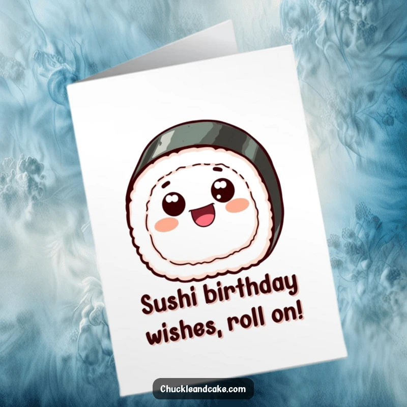 Funny Free Printable Birthday Card: A cheerful sushi slice with googly eyes, skipping with pure joy. A unique gift!