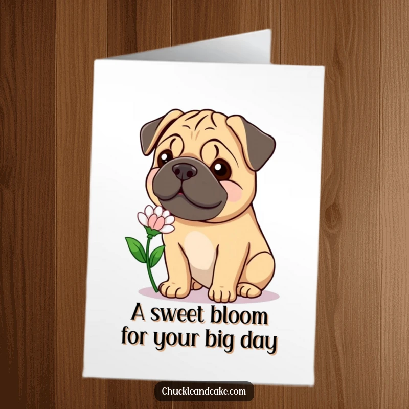 Funny Free Printable Birthday Card: A gentle Bullmastiff with a big smile offers a beautiful flower for a happy birthday.