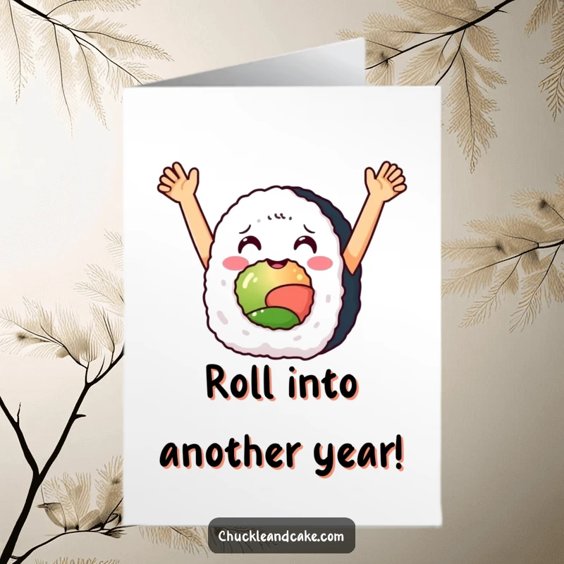 Funny Free Printable Birthday Card: a delighted sushi roll with arms raised high in a gesture of pure, happy celebration.