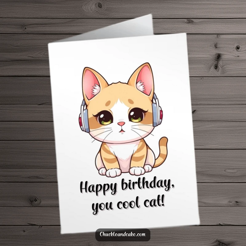 Funny Free Printable Birthday Card: Bobtail cat in ear warmers listens intently, ready for party news.