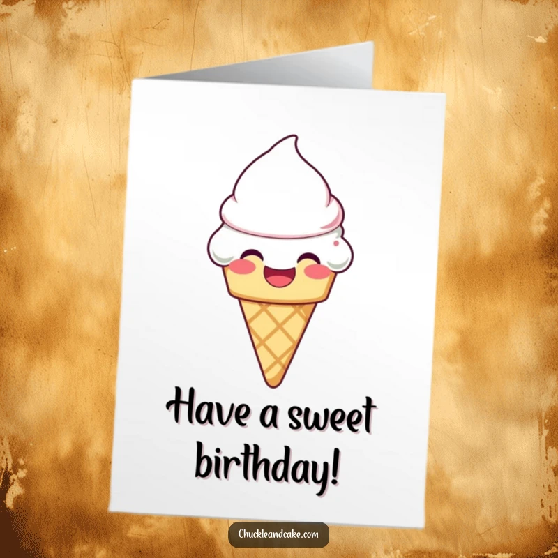 Funny Free Printable Birthday Card: A laughing ice cream cone with slightly melting frosting, bringing sweet birthday joy.