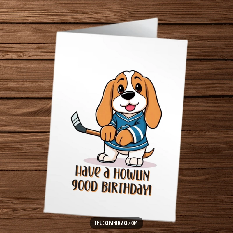 Funny Free Printable Birthday Card: Basset Hound in hockey jersey holding stick, ready to celebrate a birthday.