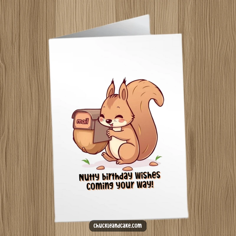 Funny Free Printable Birthday Card: Determined squirrel struggles to mail an enormous nut, emphasizing birthday effort.