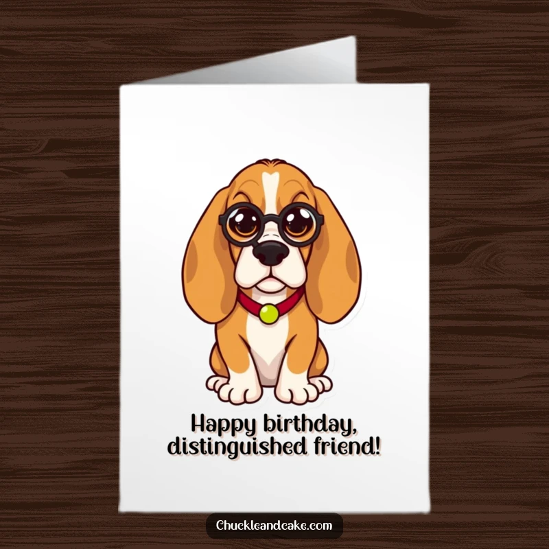 Funny free printable birthday card showcasing a regal Basset Hound wearing a monocle, exuding sophisticated charm and birthday wishes.