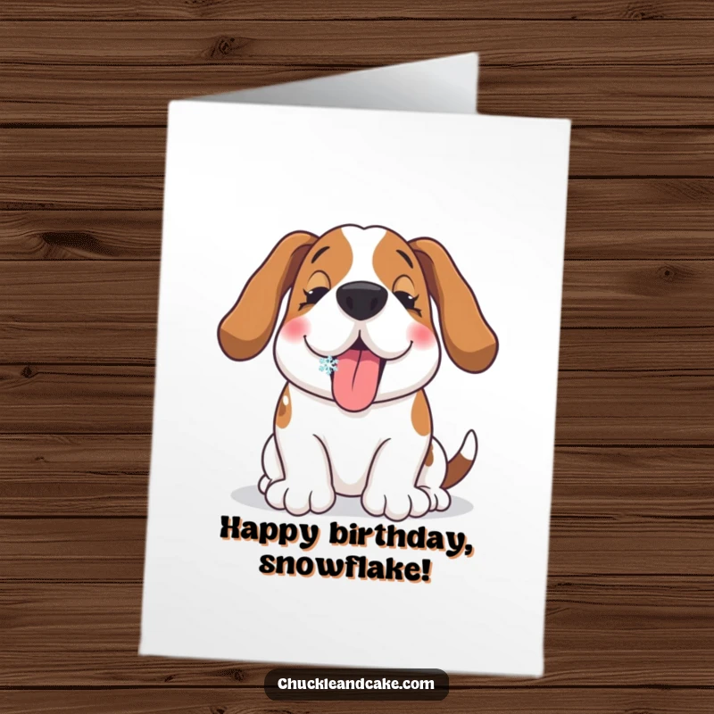 Funny Free Printable Birthday Card: Basset Hound joyfully catches a snowflake on its tongue in the snow.