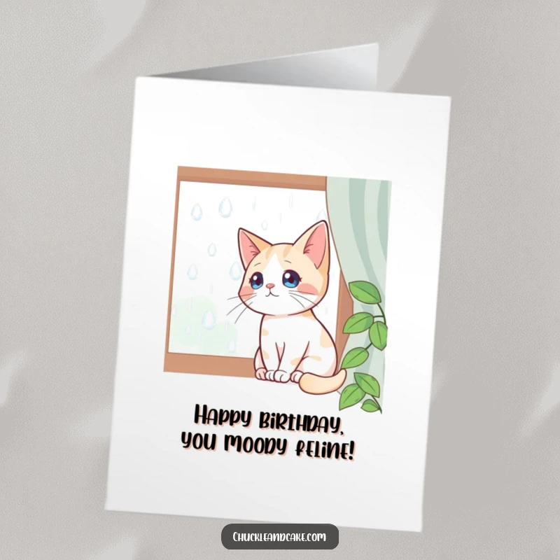 Funny Free Printable Birthday Card: Bobtail cat sits by a window, watching raindrops fall with quiet contemplation.