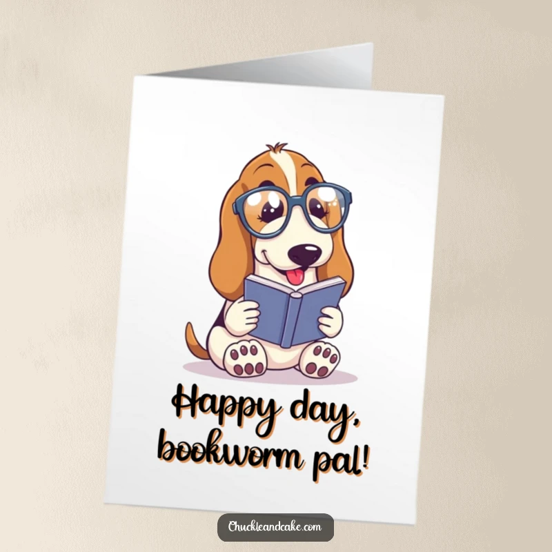 Funny Free Printable Birthday Card: A Basset Hound with droopy ears wears spectacles, engrossed in a tiny book, celebrating intellect.