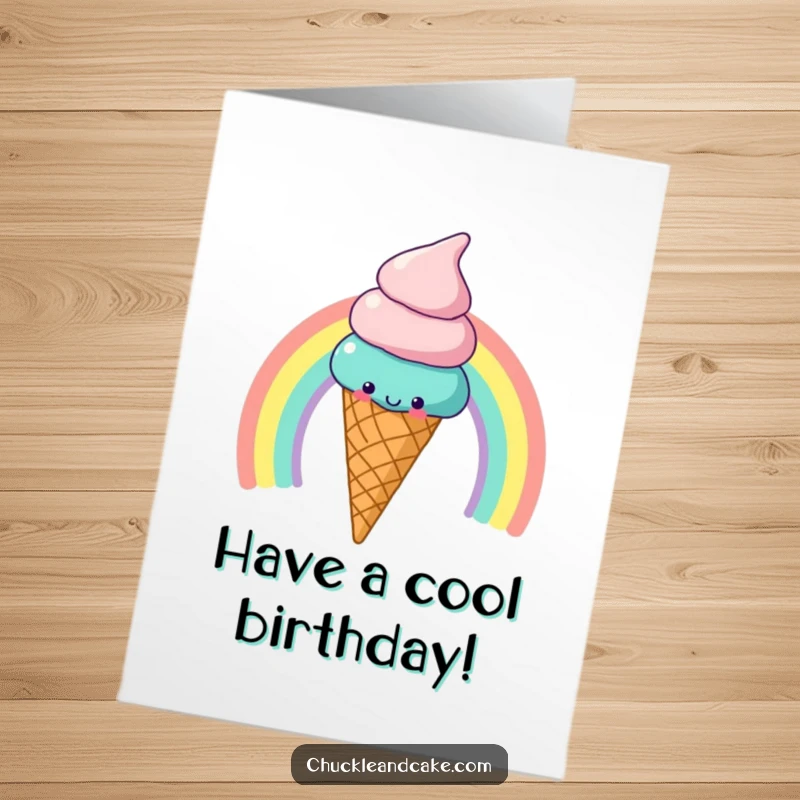 Funny Free Printable Birthday Card: A super cheerful ice cream cone slides gleefully down a colorful rainbow.