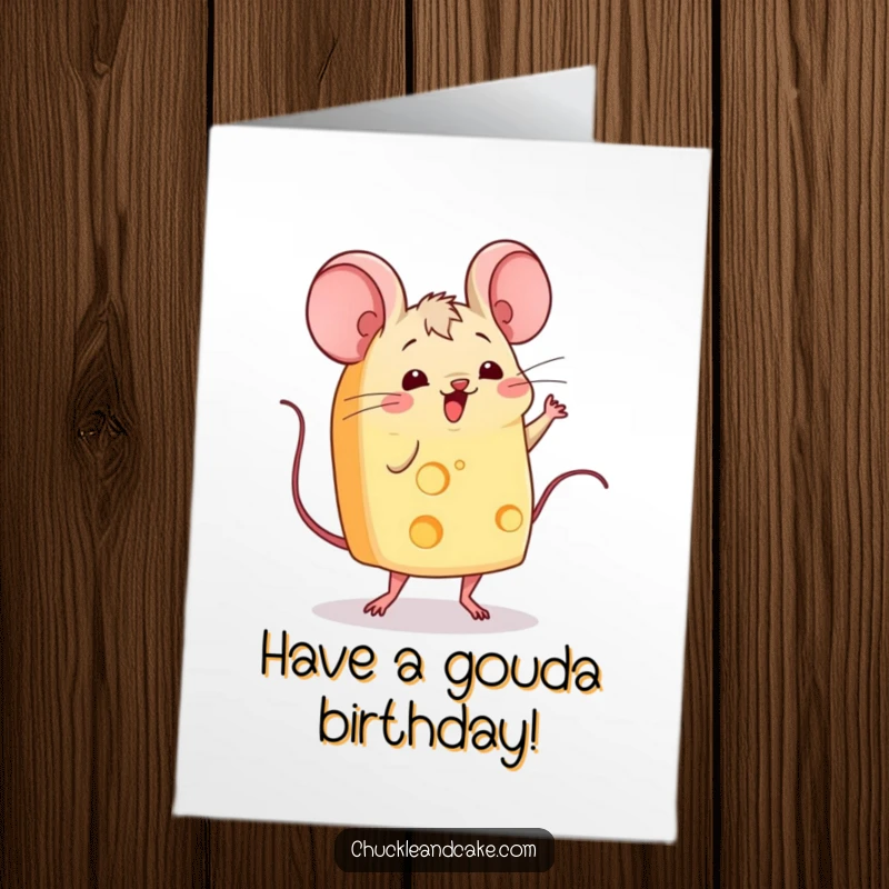Funny Free Printable Birthday Card featuring a wiggling slice of cheese with mice ears performing a lively jig.