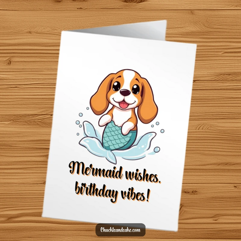 Funny Free Printable Birthday Card: A Basset Hound in a mermaid tail joyfully splashes in gentle waves, celebrating.