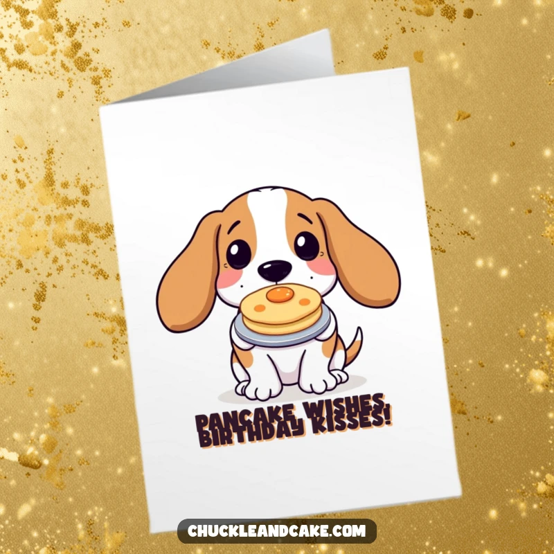 Funny Free Printable Birthday Card featuring a Basset Hound proudly showing off a single, delicious-looking pancake.
