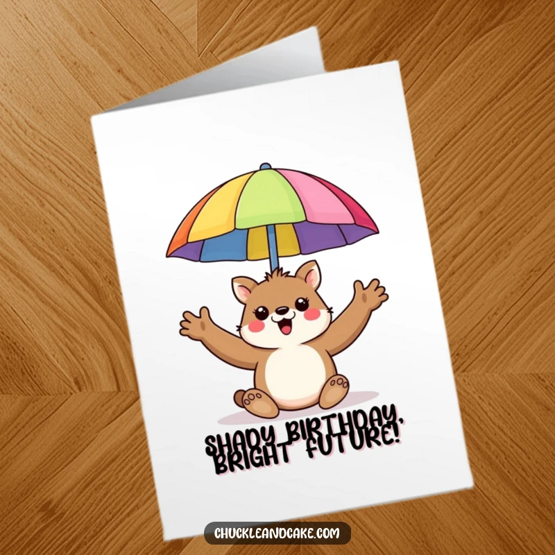 Funny Free Printable Birthday Card: Animal enthusiastically holding up a colorful beach umbrella, radiating happiness and fun.
