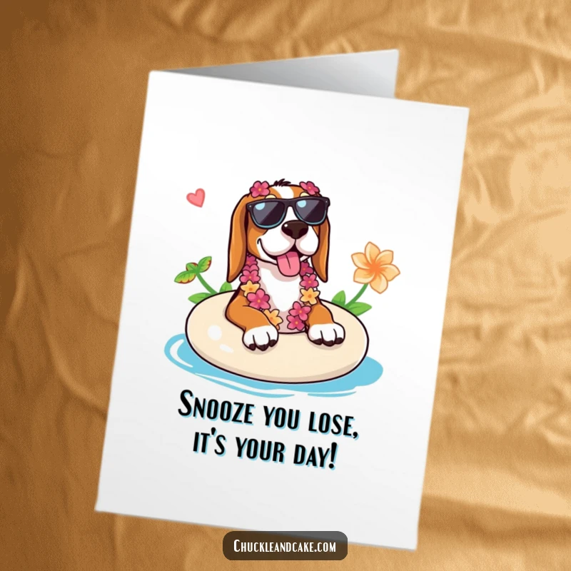 Funny Free Printable Birthday Card: A Basset Hound in sunglasses and a lei, blissfully floating on a pool float.