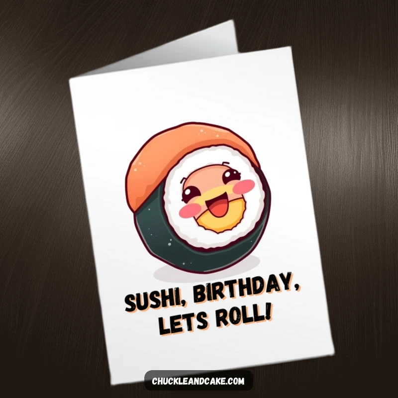 Funny Free Printable Birthday Card: A beaming sushi roll spins happily on its side, celebrating with a joyful roll.