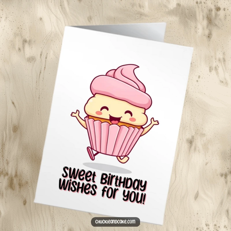 Funny free printable birthday card featuring a smiling cupcake with a frosting hat, skipping joyfully with excitement.