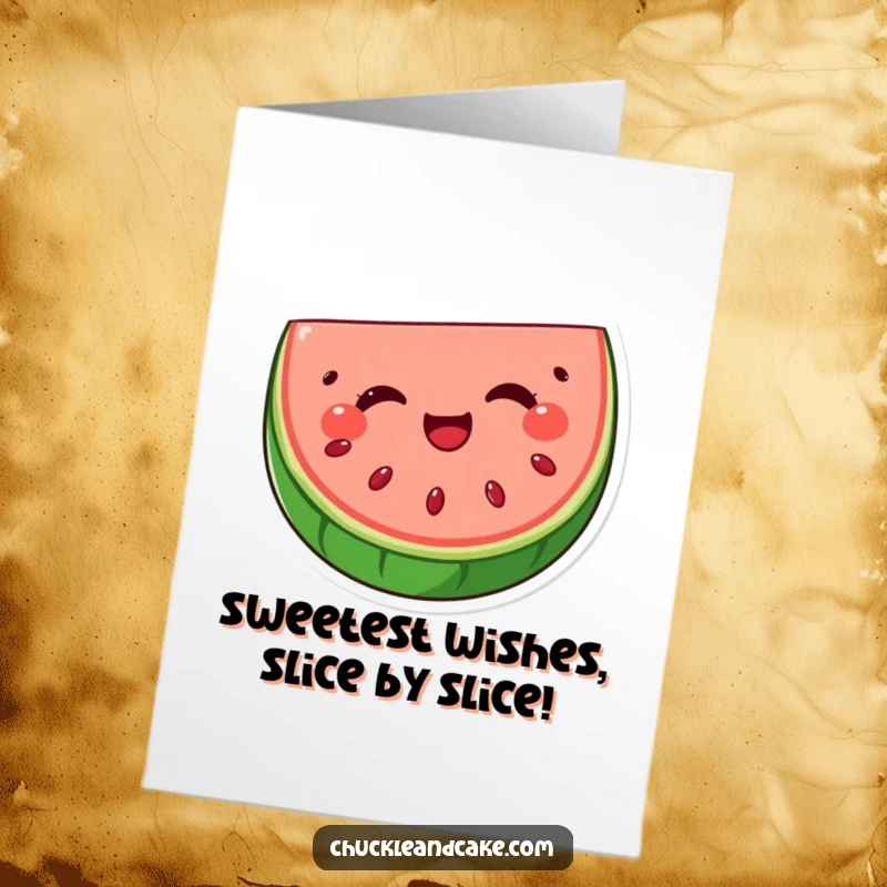 Funny Free Printable Birthday Card featuring a delighted watermelon slice with seeds winking playfully.