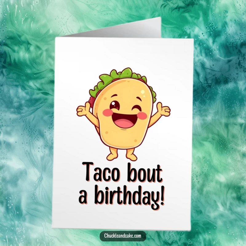 Funny Free Printable Birthday Card: a taco character beaming with a massive grin, cheering enthusiastically for a birthday fiesta.
