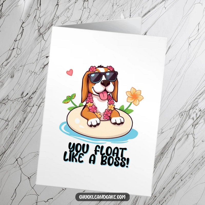 Funny Free Printable Congratulations Card: A relaxed Basset Hound wearing sunglasses and a lei, chilling on a float.