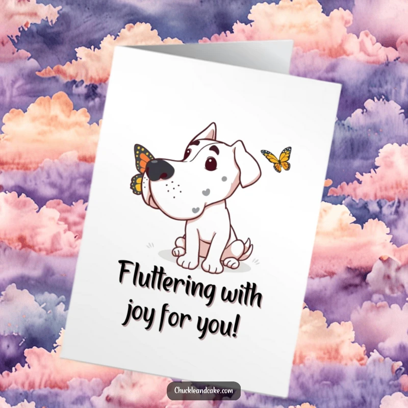 Free Printable Congratulations Card: Grand Dane observing a butterfly with intense, curious focus, capturing a moment of nature's wonder.