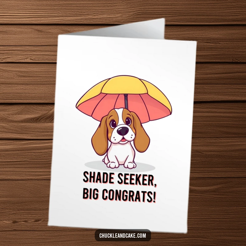Funny Free Printable Congratulations Card: A Basset Hound peeks from behind a beach umbrella, offering sunny congratulations.