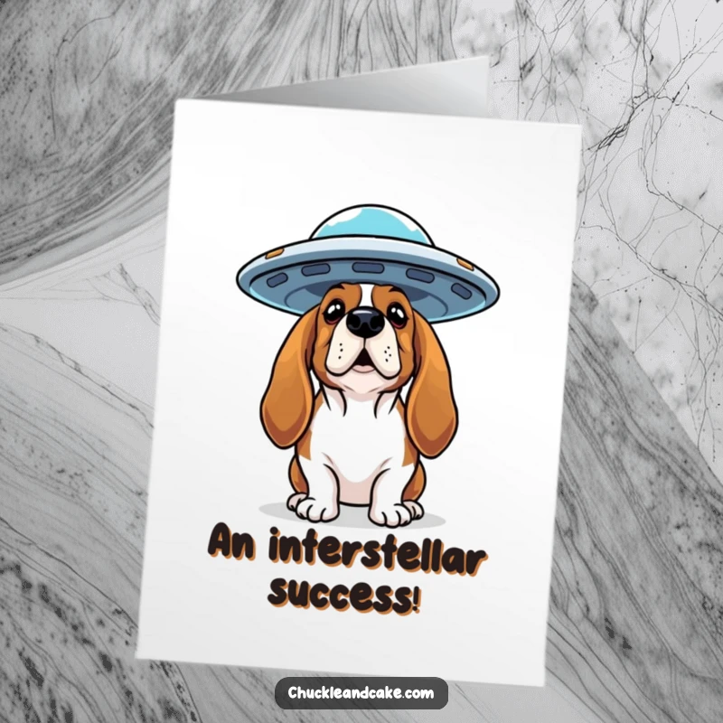 Funny Free Printable Congrats Card: Basset Hound stares in wonder at a flying saucer above.