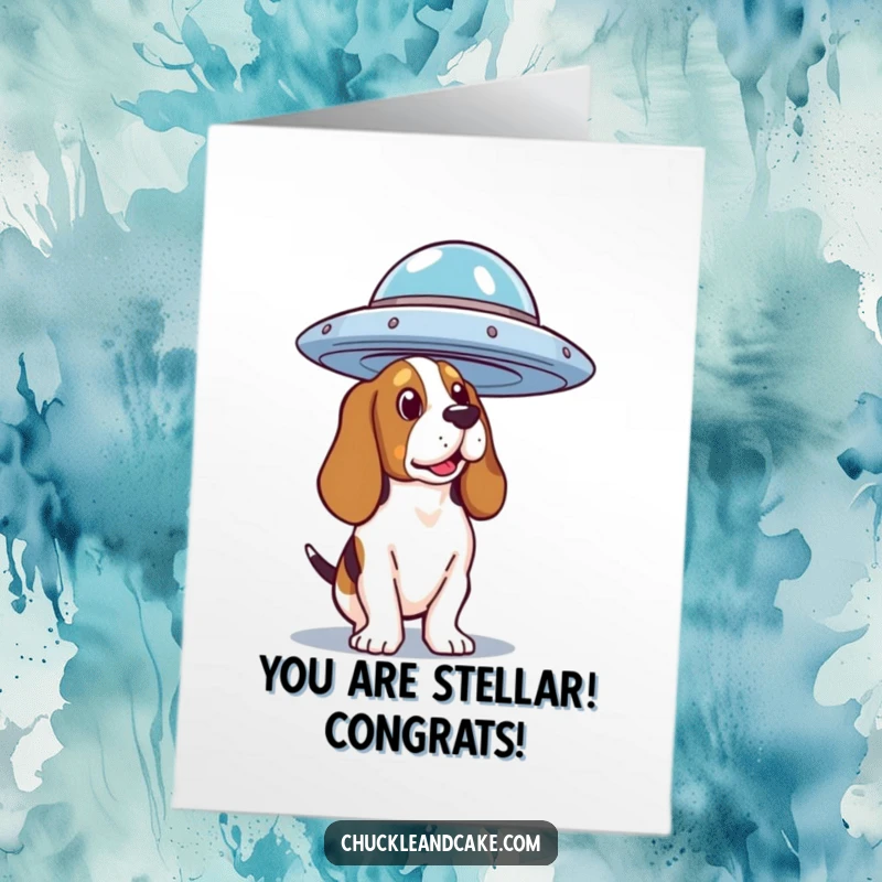 Funny Free Printable Congratulatory Card: A Basset Hound stares with wide-eyed curiosity at a passing flying saucer.