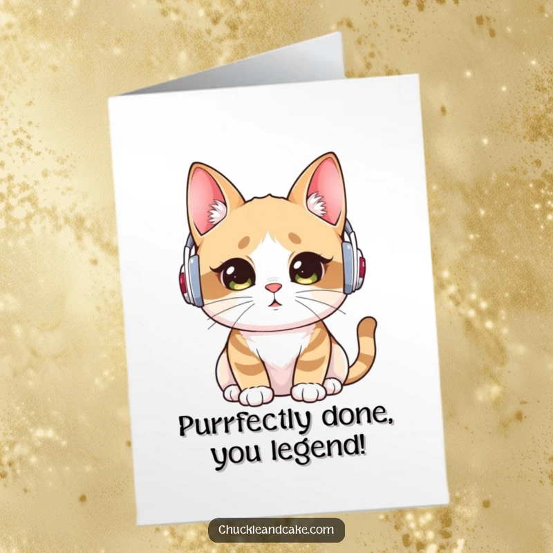 Funny Free Printable Congratulations Card: Bobtail cat wearing ear warmers listens closely to great news.