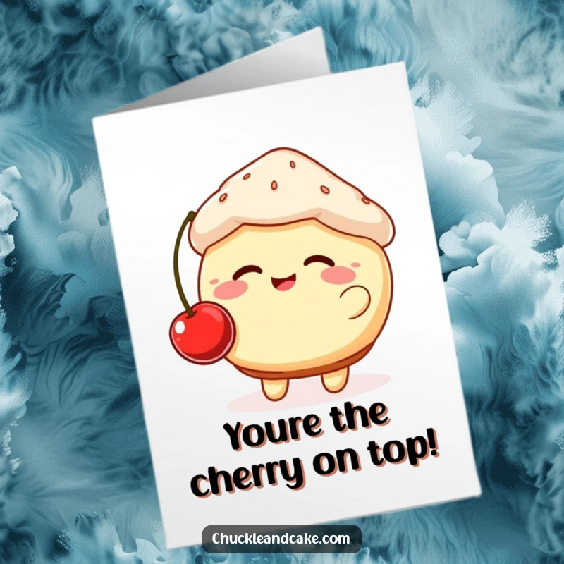 Funny Free Printable Congratulations Card: A plump, rosy-cheeked muffin gleefully bouncing a cherry, celebrating success.