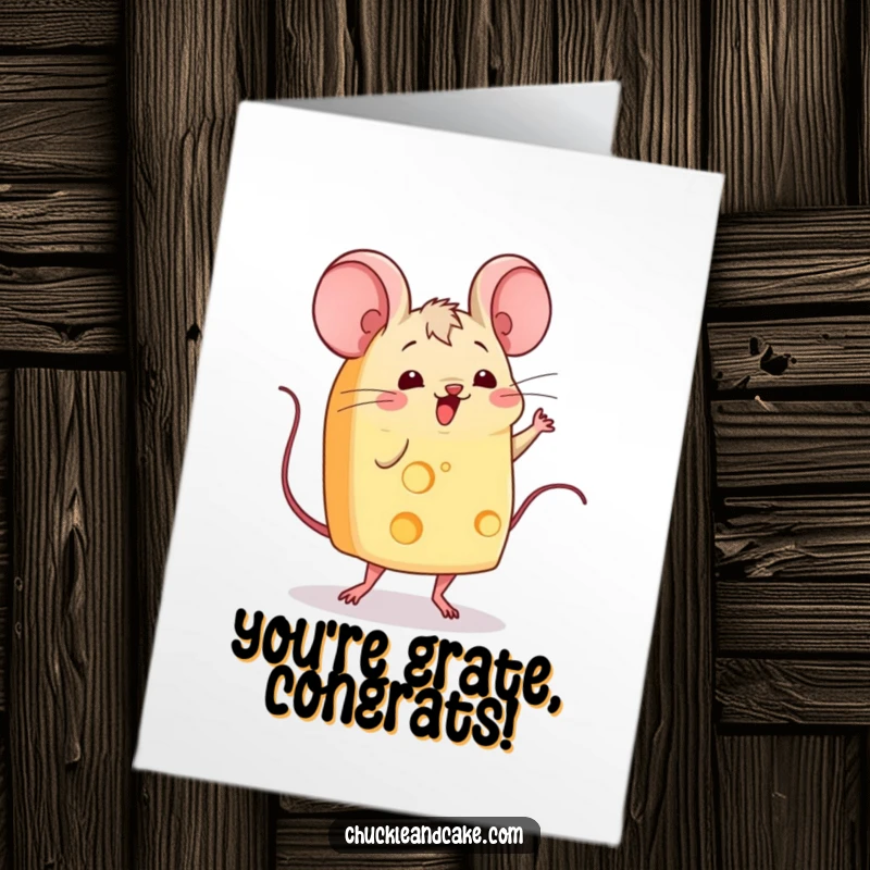 Funny Free Printable Congratulations Card: a wiggling cheese slice with mouse ears does a jig.