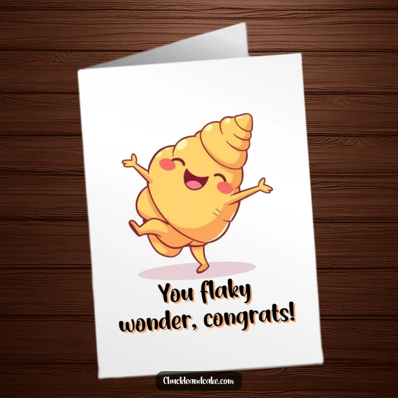 Funny free printable congratulations card: Energetic croissant doing a cartwheel, celebrating a major accomplishment with pure joy.