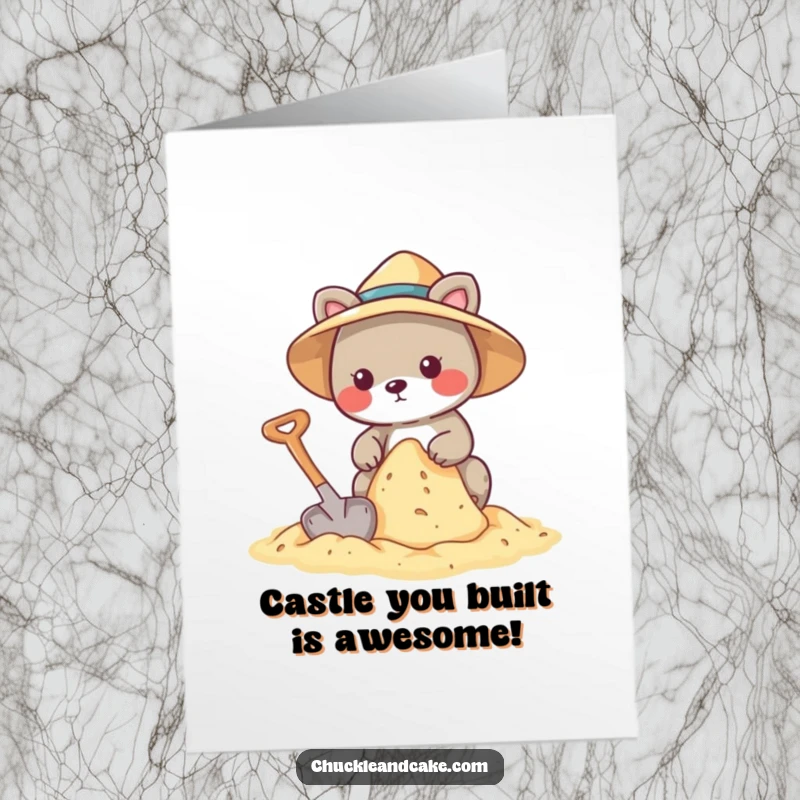 Funny Free Printable Congratulations Card: Animal wearing a sun hat, focused on building a sandcastle with a shovel, celebrating success.