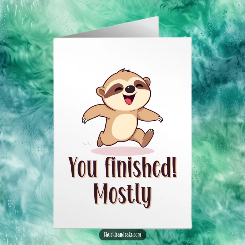 Funny free printable congratulations card: A happy sloth hilariously tumbling during a race, a relatable and amusing way to say congrats.