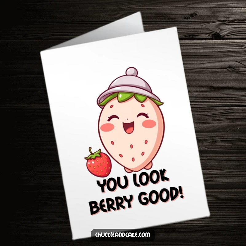 Funny free printable congratulations card: A cheerful strawberry wearing a tiny hat, giggling with delight to celebrate an achievement.