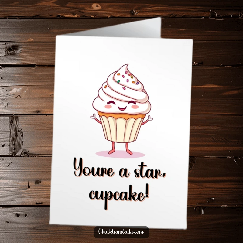 Funny Free Printable Congratulations Card: A happy dancing cupcake with sprinkles and tiny legs, celebrating your success. Instant download!