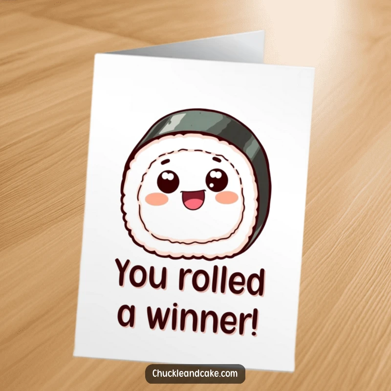 Funny Free Printable Congratulations Card: A happy sushi slice with googly eyes, skipping joyfully to celebrate your success. Get yours!
