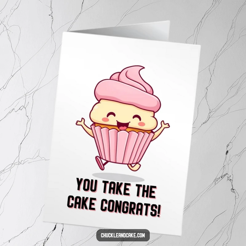 Funny free printable congratulations card of a happy cupcake with a frosting hat, skipping joyfully to celebrate success.