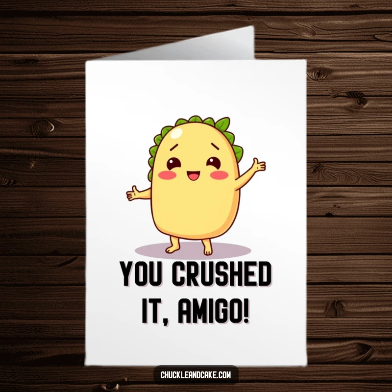 Funny Free Printable Congratulations Card: A chuckling taco dances with a lime as a partner, celebrating wins with lively energy.
