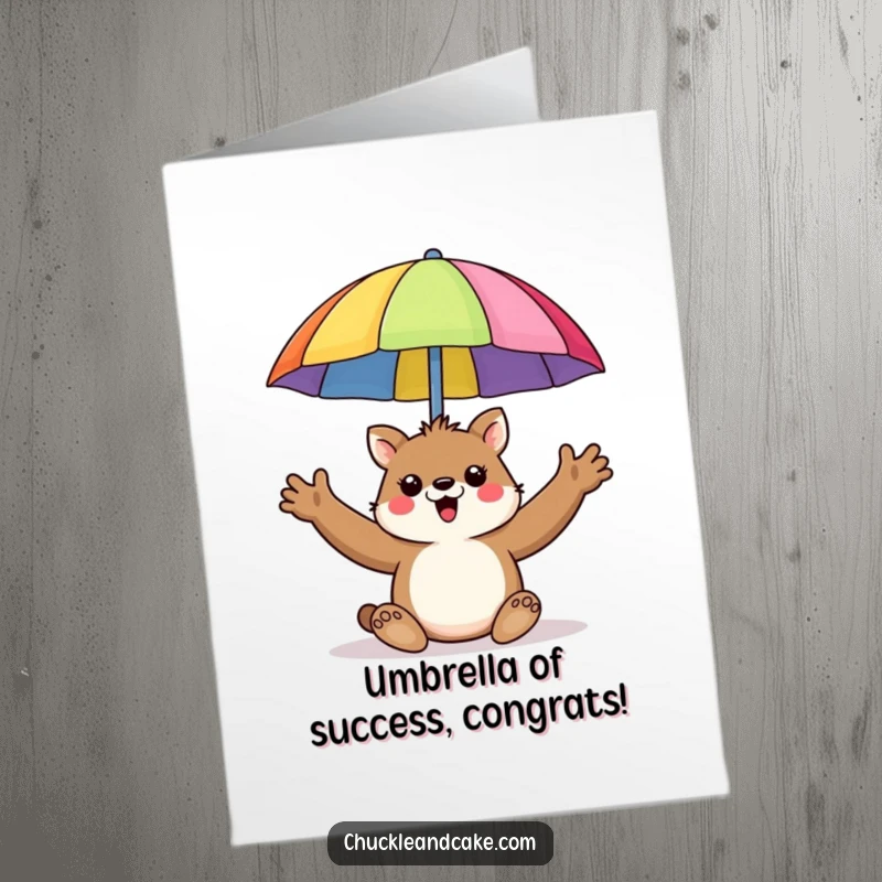 Funny Free Printable Congratulations Card: Animal holding a vibrant beach umbrella, celebrating success with enthusiasm and a big grin.