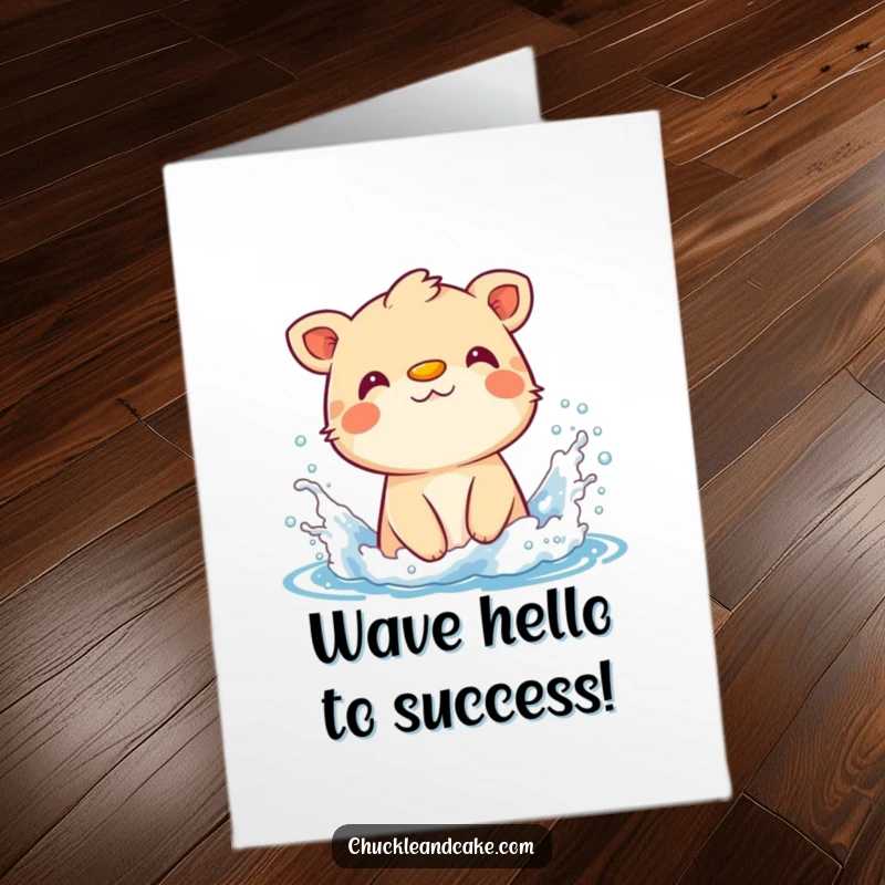 Funny Free Printable Congratulations Card: Animal with sunscreen on nose playfully splashing in waves, celebrating success with glee.