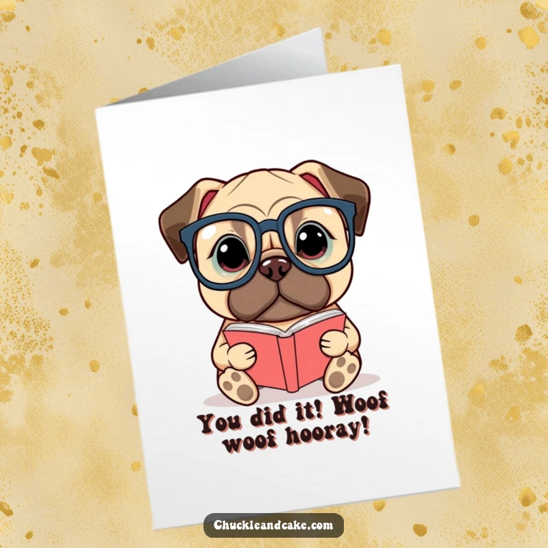 Funny Free Printable Congratulations Card showing a smart Bullmastiff in glasses holding a book, symbolizing intelligent celebration of milestones.